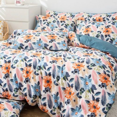 Queen/Double size 6 pieces Bedding Set without filler, Blue Color Floral Design - BusDeals