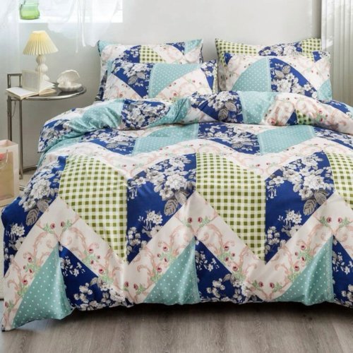 Queen/Double size 6 pieces Bedding Set without filler, Blue Color Zigzag and Flower Design - BusDeals