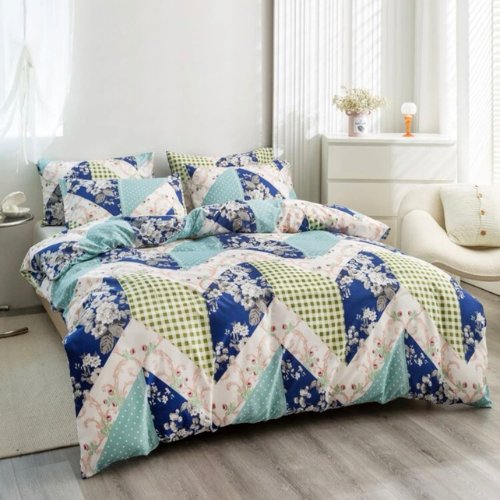 Queen/Double size 6 pieces Bedding Set without filler, Blue Color Zigzag and Flower Design - BusDeals