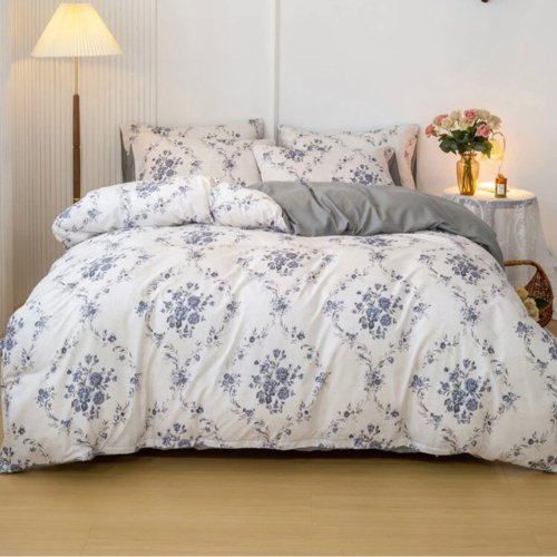 Queen/Double size 6 pieces Bedding Set without filler, Bohemian with Blue Flowers Design - BusDeals