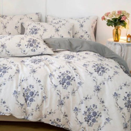 Queen/Double size 6 pieces Bedding Set without filler, Bohemian with Blue Flowers Design - BusDeals