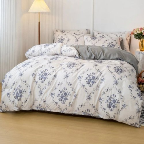 Queen/Double size 6 pieces Bedding Set without filler, Bohemian with Blue Flowers Design - BusDeals