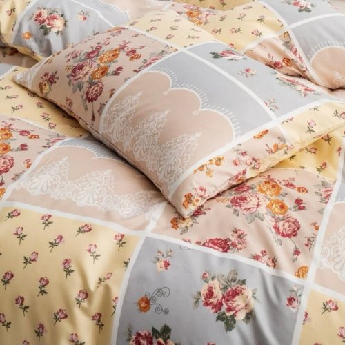Queen/Double size 6 pieces Bedding Set without filler, Cream Color Flower Design - BusDeals