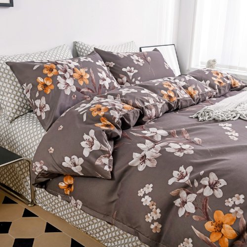 Queen/Double size 6 pieces Bedding Set without filler, Floral Design Brown Color - BusDeals