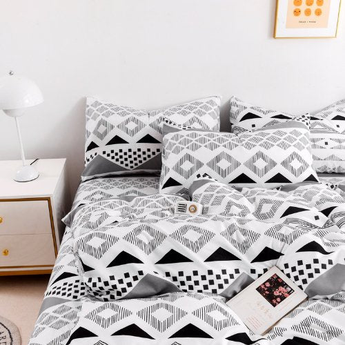 Queen/Double size 6 pieces Bedding Set without filler , Gray Color Geometric Design - BusDeals
