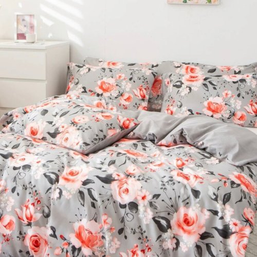 Queen/Double size 6 pieces Bedding Set without filler, Gray Color with Pink Floral Design - BusDeals