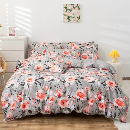 Queen/Double size 6 pieces Bedding Set without filler, Gray Color with Pink Floral Design - BusDeals