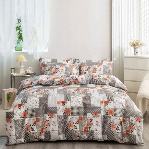 Queen/Double size 6 pieces Bedding Set without filler, Grey Color Orange Flower Design - BusDeals