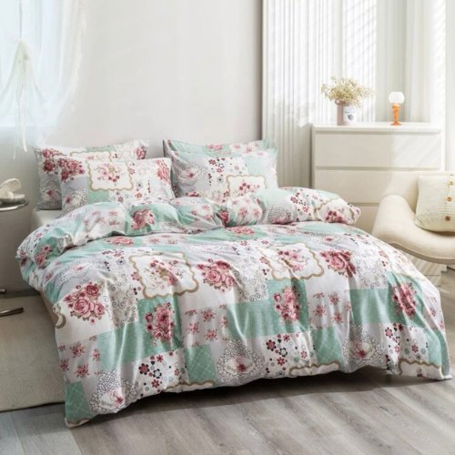 Queen/Double size 6 pieces Bedding Set without filler, Light Green Color Floral Design - BusDeals