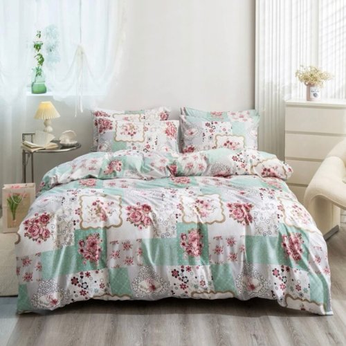 Queen/Double size 6 pieces Bedding Set without filler, Light Green Color Floral Design - BusDeals