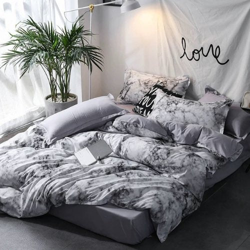 Queen/Double size 6 pieces Bedding Set without filler, Marble Design Grey Color - BusDeals