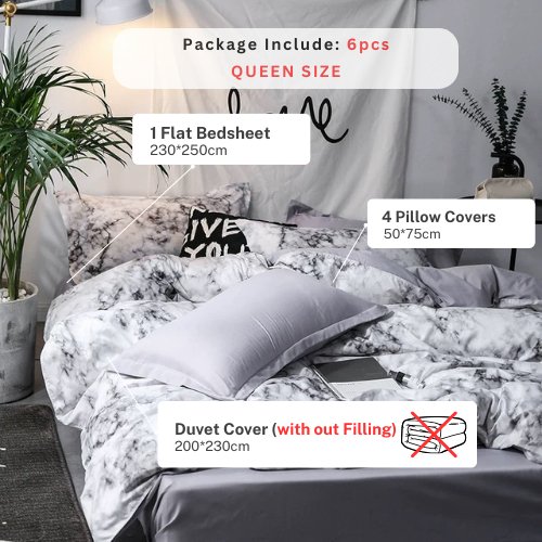 Queen/Double size 6 pieces Bedding Set without filler, Marble Design Grey Color - BusDeals