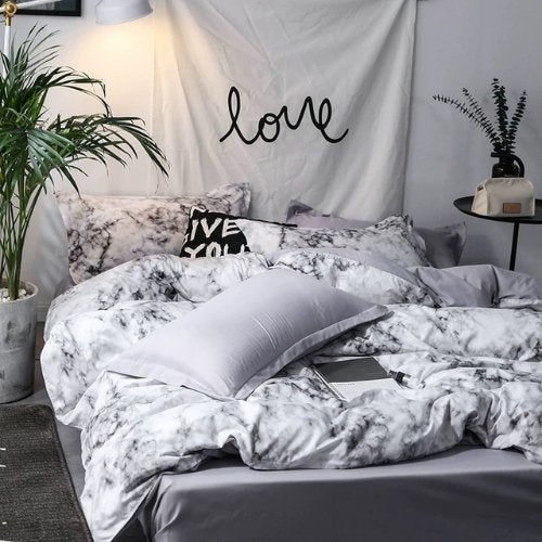 Queen/Double size 6 pieces Bedding Set without filler, Marble Design Grey Color - BusDeals