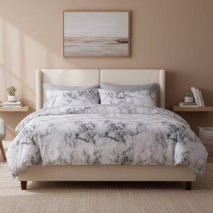 Queen/Double size 6 pieces Bedding Set without filler, Marble Design Grey Color - BusDeals