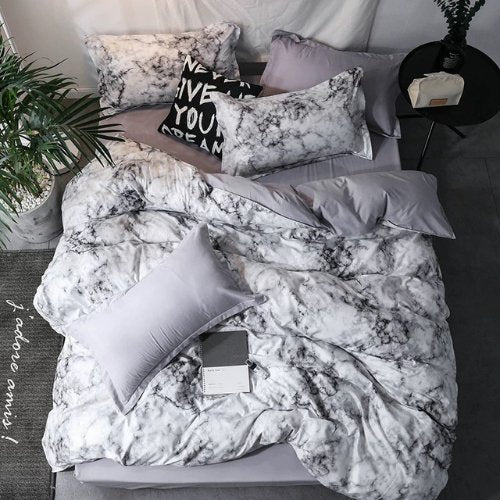Queen/Double size 6 pieces Bedding Set without filler, Marble Design Grey Color - BusDeals