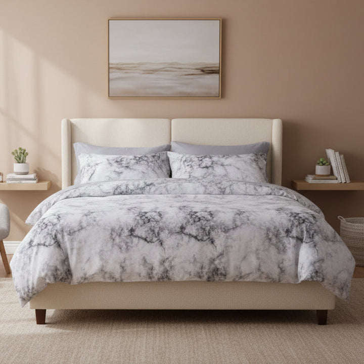 Queen/Double size 6 pieces Bedding Set without filler, Marble Design Grey Color - BusDeals