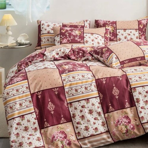 Queen/Double size 6 pieces Bedding Set without filler, Maroon Color Flower Design - BusDeals