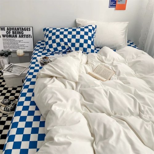 Queen/Double size 6 pieces Bedding Set without filler, Off White color and Blue Checkered Design - BusDeals