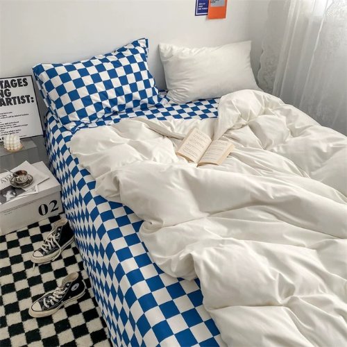 Queen/Double size 6 pieces Bedding Set without filler, Off White color and Blue Checkered Design - BusDeals