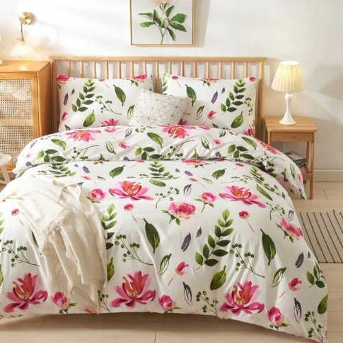 Queen/Double size 6 pieces Bedding Set without filler , Pink Floral design - BusDeals