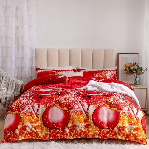 Queen/Double Size 6 Pieces Bedding Set Without Filler, Red Color Santa Claus and Christmas Ball Design - BusDeals