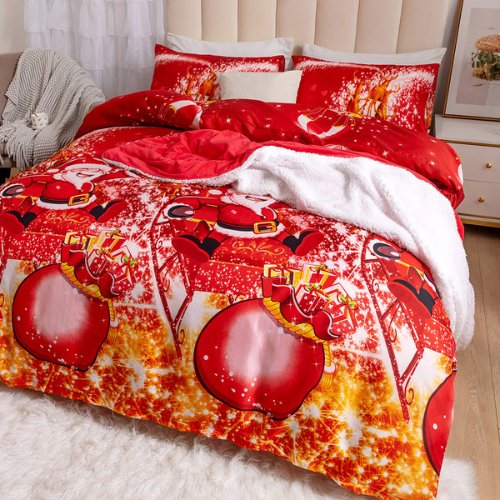 Queen/Double Size 6 Pieces Bedding Set Without Filler, Red Color Santa Claus and Christmas Ball Design - BusDeals