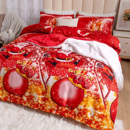 Queen/Double Size 6 Pieces Bedding Set Without Filler, Red Color Santa Claus and Christmas Ball Design - BusDeals