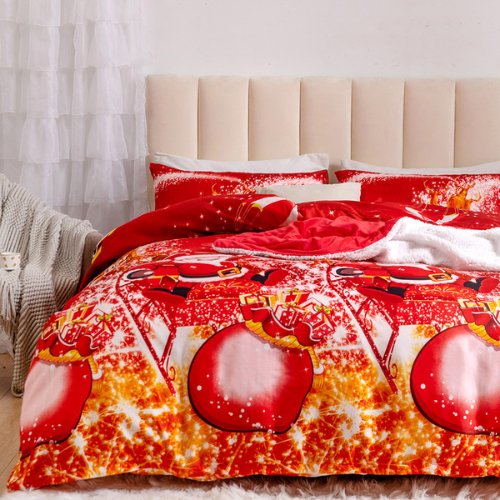 Queen/Double Size 6 Pieces Bedding Set Without Filler, Red Color Santa Claus and Christmas Ball Design - BusDeals