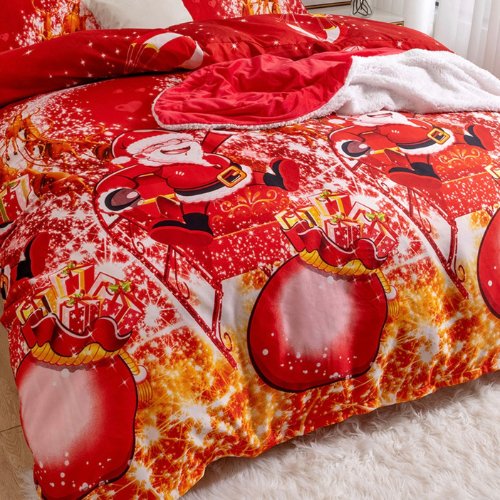 Queen/Double Size 6 Pieces Bedding Set Without Filler, Red Color Santa Claus and Christmas Ball Design - BusDeals
