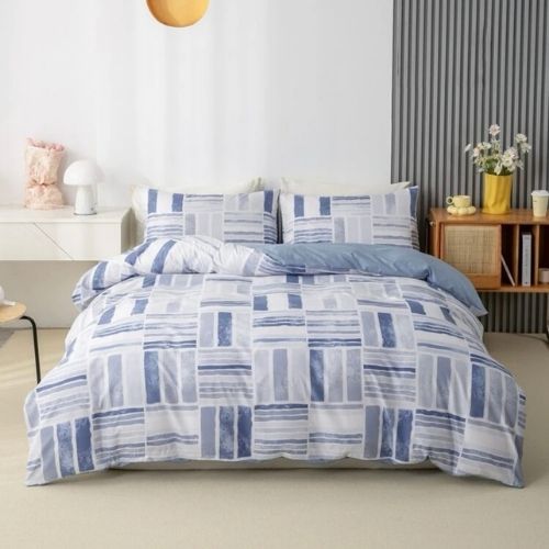 Queen/Double Size 6 Pieces Bedding Set without filler, Reversible Blue Geometric Design - BusDeals