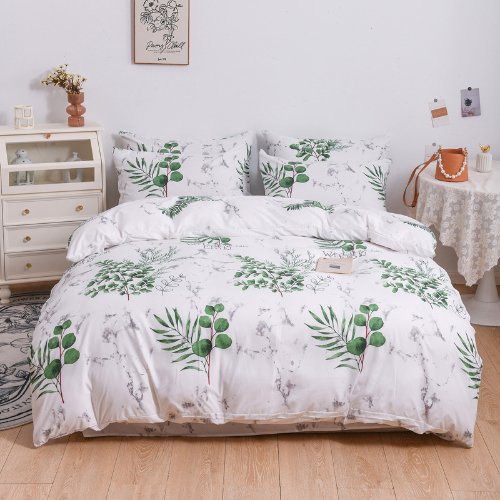 Queen/Double Size 6 Pieces Bedding Set Without Filler, White Color Marble and Leaves Design - BusDeals