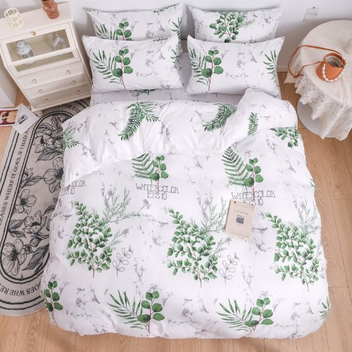 Queen/Double Size 6 Pieces Bedding Set Without Filler, White Color Marble and Leaves Design - BusDeals