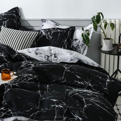 Queen/Double Size 6 Pieces, Charcoal Color Marble Design, Duvet Cover Set without Filler - BusDeals