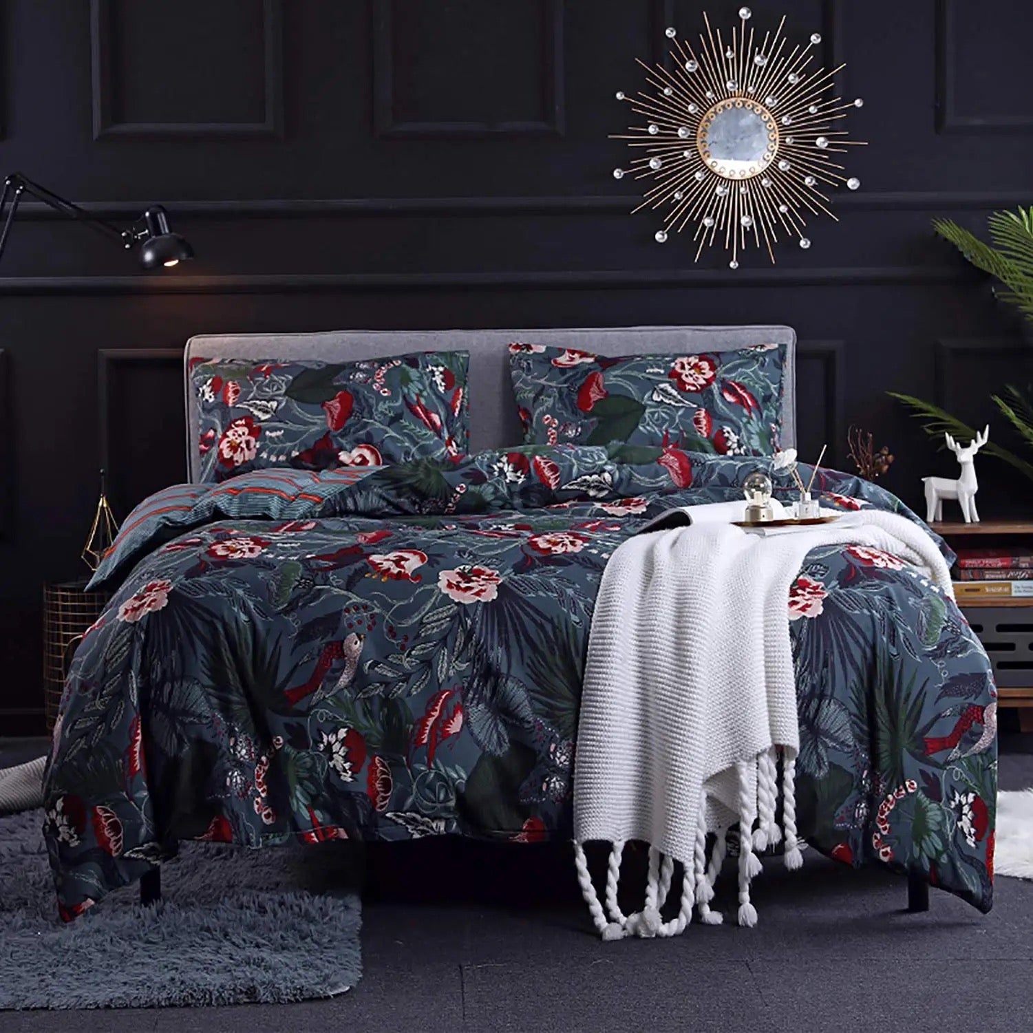 Queen/Double Size 6 Pieces Duvet Cover Set, Reversible Dark Gray Color Red Flower Bedding Set. - BusDeals