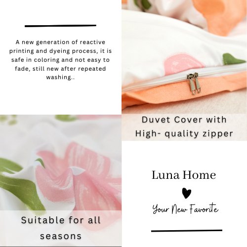 Queen/Double size 6 pieces Reversible Design Light Coral and White with Flowers Duvet Cover without filler. - BusDeals