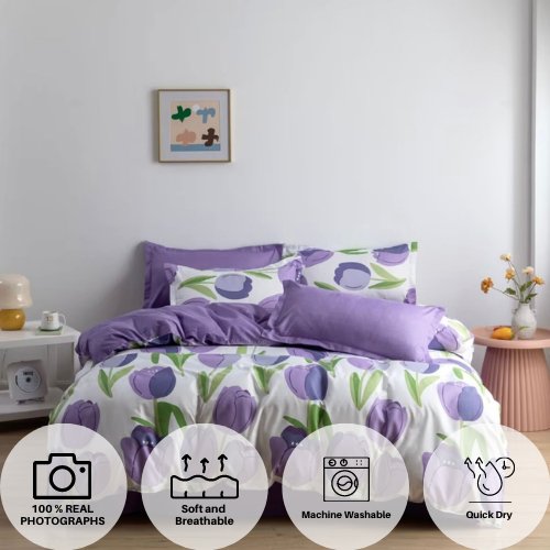 Queen/Double size 6 pieces Reversible Design Pastel Purple and White with Tulip Duvet cover without filler. - BusDeals