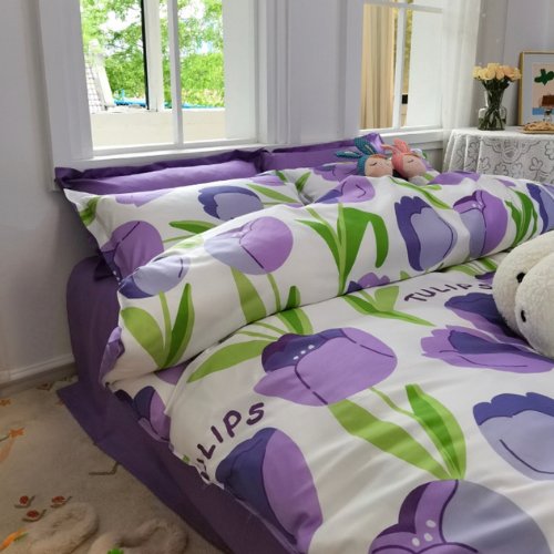 Queen/Double size 6 pieces Reversible Design Pastel Purple and White with Tulip Duvet cover without filler. - BusDeals