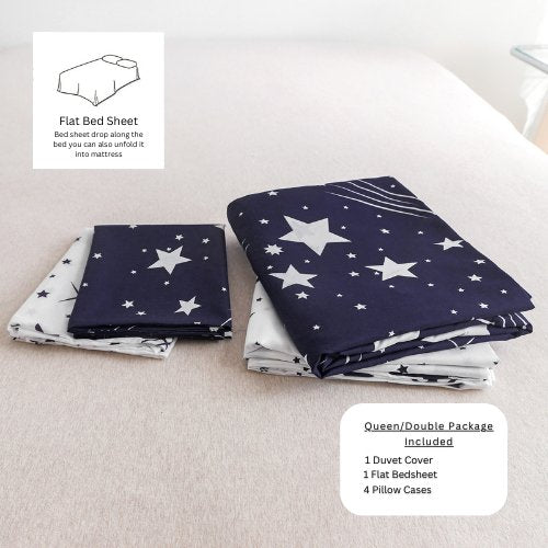 Queen/Double size 6 Pieces Reversible Navy Blue Sky Stars Fall Design, Duvet cover without filler. - BusDeals