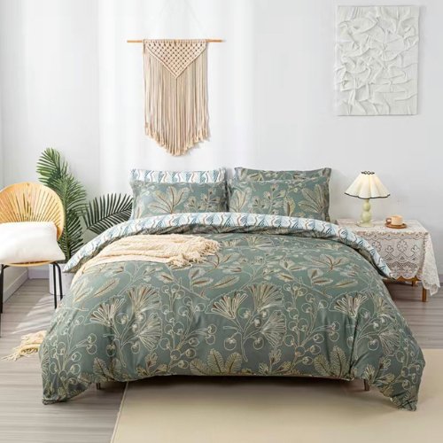 Queen/Double Size 6 Pieces set, Reversible Geometric Flora Design, Green Bedding Set Without Filler. - BusDeals