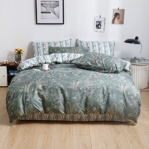 Queen/Double Size 6 Pieces set, Reversible Geometric Flora Design, Green Bedding Set Without Filler. - BusDeals