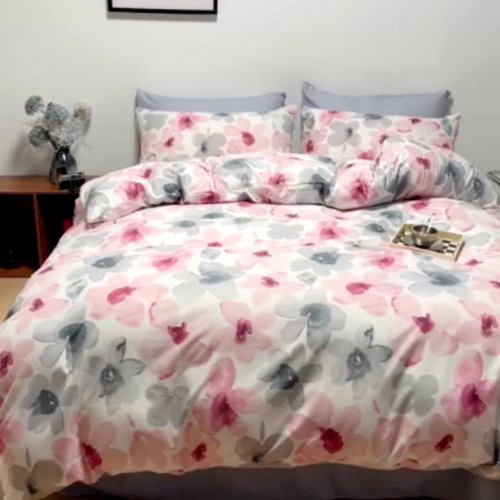 Queen/Double size 6 pieces, Vintage Style Pink with Grey Floral Bedding set without filler. - BusDeals