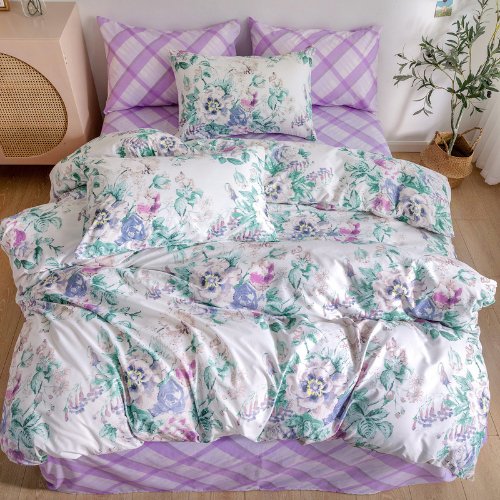 Queen/Double size 6 pieces Without filler, Floral design beige/purple color, Bedding Set - BusDeals