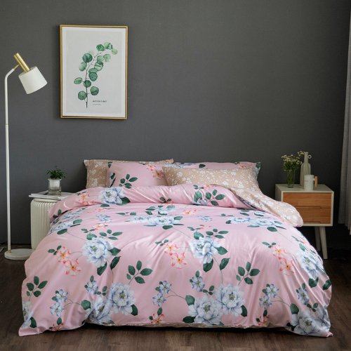 Queen/Double size 6 pieces Without filler, Flowers design blush pink color, Bedding Set - BusDeals