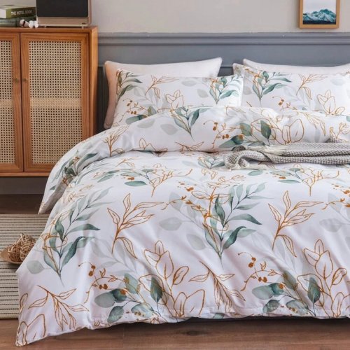 Queen/Double size 6 pieces Without filler, Green leaves design white color , Bedding Set - BusDeals