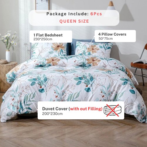 Queen/Double size 6 pieces Without filler, Leaves design pearl white color, Bedding Set - BusDeals