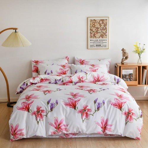 Queen/Double size 6 pieces Without filler, Pink floral design, Bedding Set - BusDeals