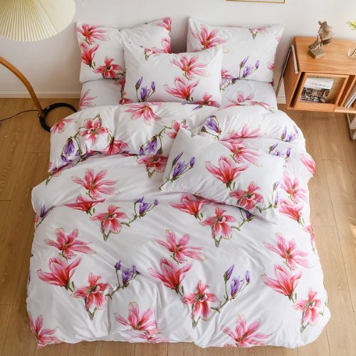 Queen/Double size 6 pieces Without filler, Pink floral design, Bedding Set - BusDeals