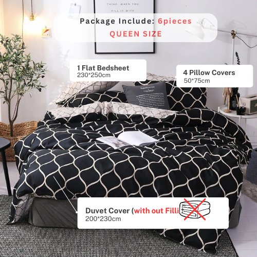 Queen/Double size bedding set of 6 pieces, Black Geometric design. - BusDeals