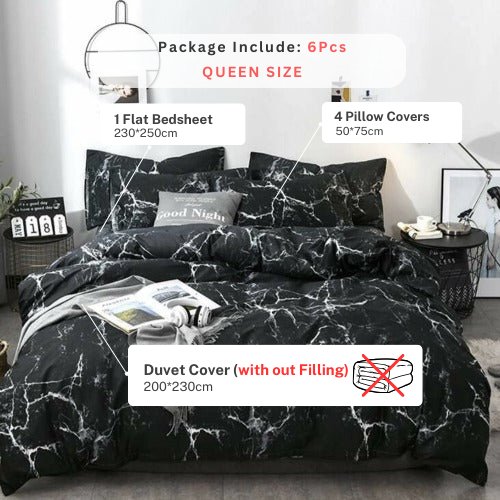 Queen/Double size bedding set of 6 pieces, Black marble design. - BusDeals