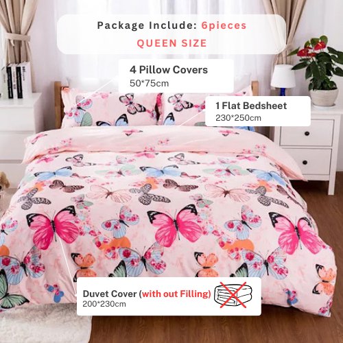 Queen/Double size Bedding Set of 6 pieces, Butterfly Design. - BusDeals